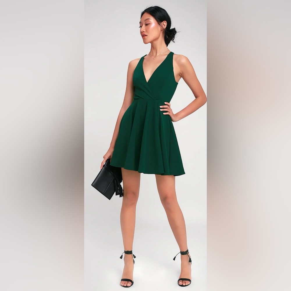 Lulus Wonder Whirl Dark Green Twist Back Skater Dress